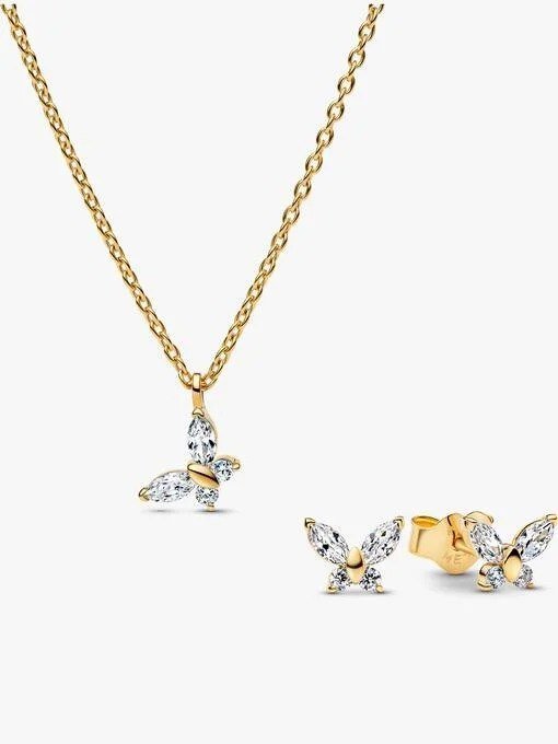 Gold-plated Sparkling Clear Butterfly Necklace and Earring Set