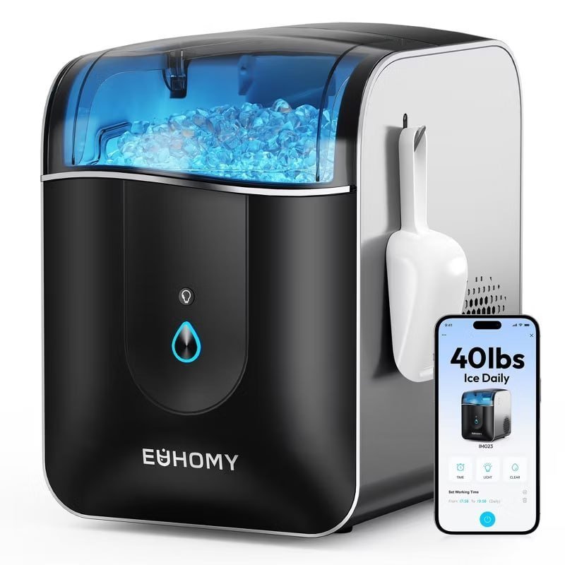 EUHOMY Smart Nugget Ice Maker Countertop, 40 Lbs/Day, APP Remote Control & LED Indicator, Self-Cleaning, Compact Design with Scoop, Black