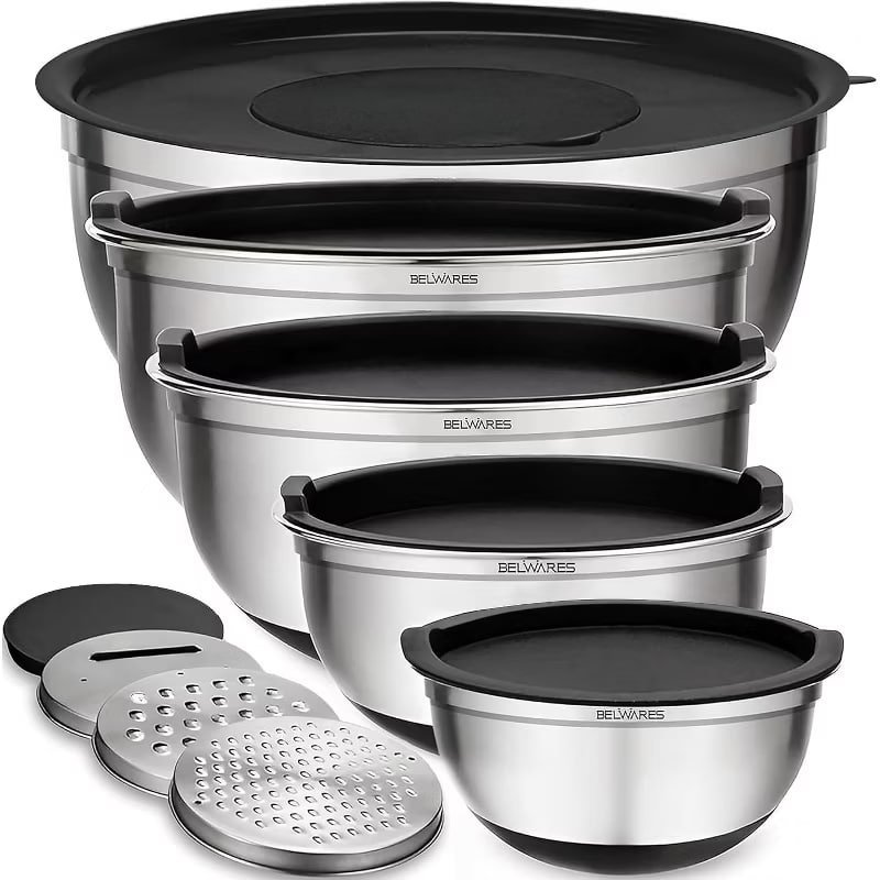 Mixing Bowls with Lids Set - Nesting Bowls with Airtight Lids Graters - Stainless Steel Non-Slip Mixing Bowl for Baking, (Black, 5-Piece Set)