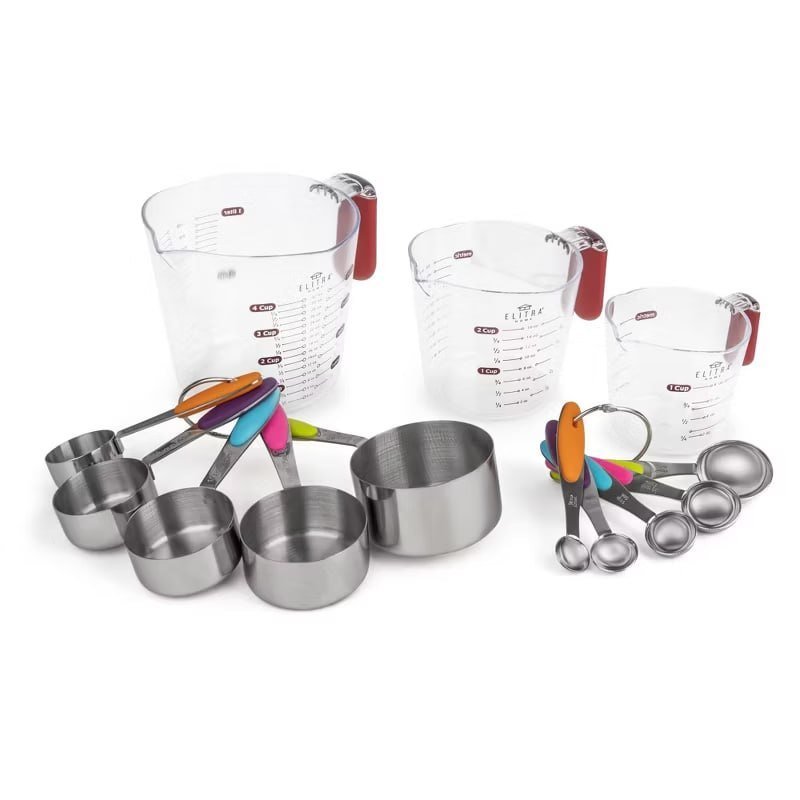Elitra Home Complete Measuring Set, 13-Pack Stainless Steel Cups, Spoons, Plastic Measuring Pitchers with Spout - Engraved Measurements