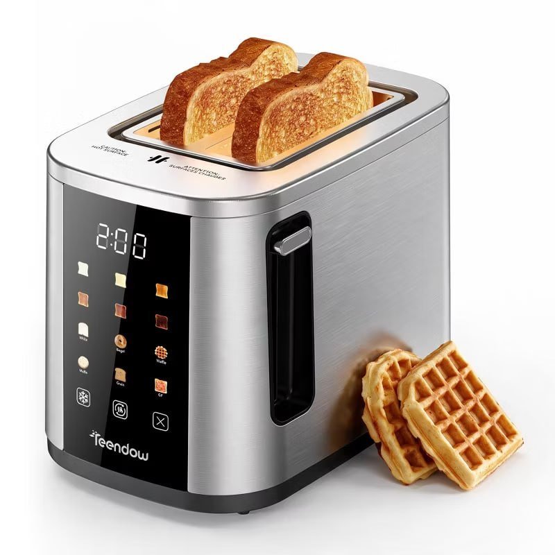 Teendow Digital Touchscreen 2-Slice Toaster with Bagel, Defrost & Reheat Functions, 6 Shade Settings, Stainless Steel, Removable Crumb Tray, 800W