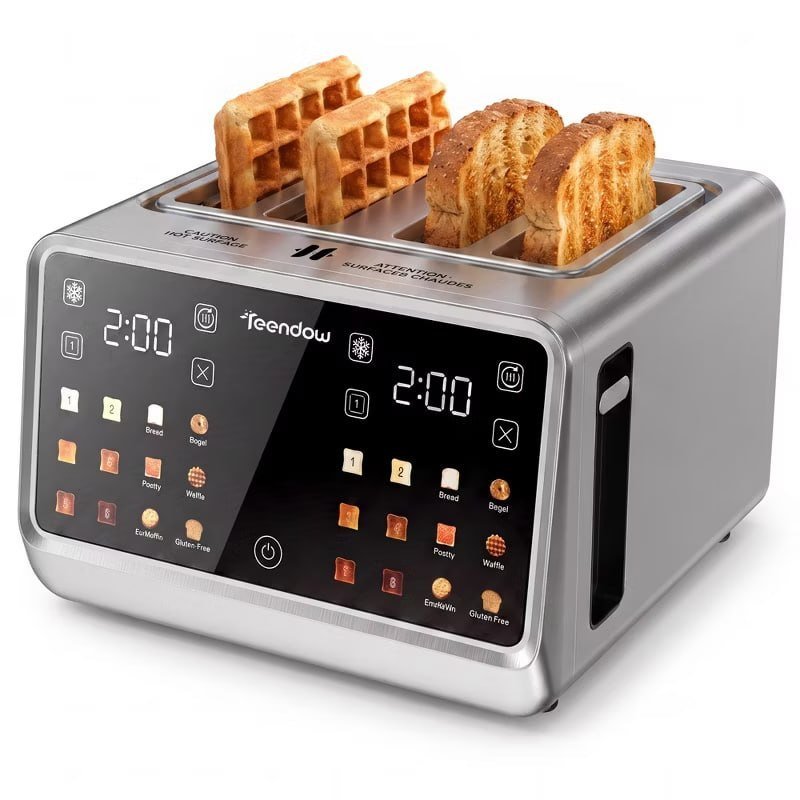 Teendow Touch Screen Toaster 4 Slice, 1800W Stainless Steel Digital Smart Toaster with Dual Controls, 6 Shade Levels for Bagels, Bread, and Pastries