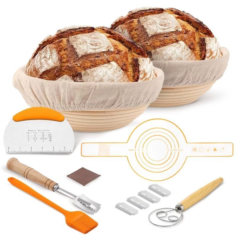 Cheer Collection Sourdough Starter Kit with Bread Proofing Basket & Banneton Set – Two 9" Round Baskets with Complete Sourdough Tools