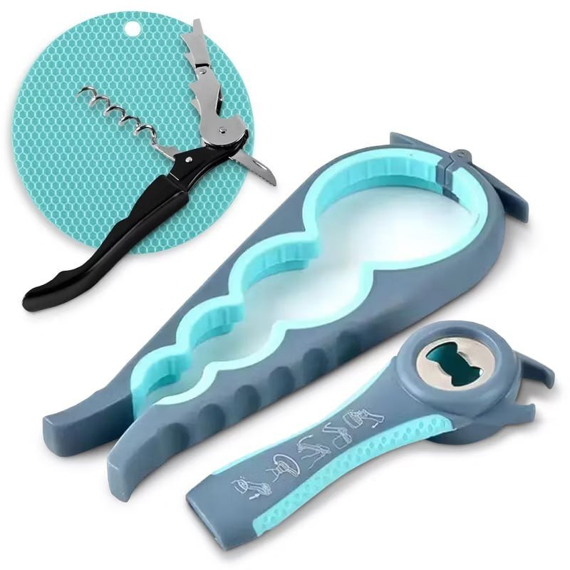 Cheer Collection Multi-Tool Jar & Bottle Opener Kit with Adjustable Jar, Wine, 5-in-1 Bottle Opener & Gripper Pad