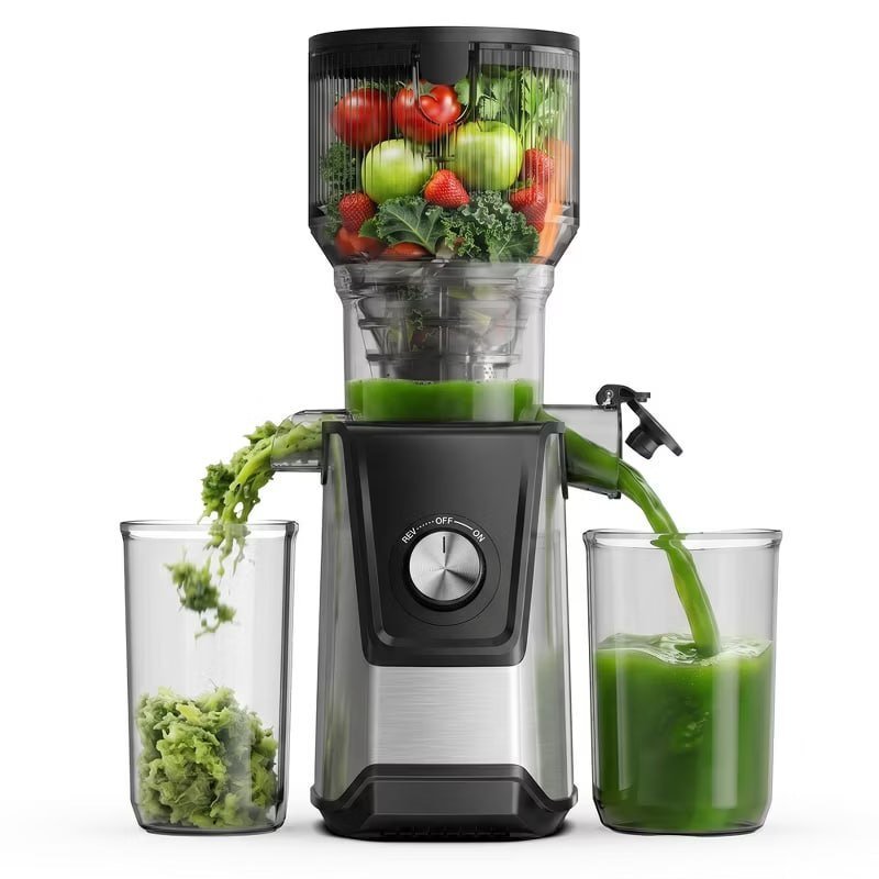 Simzlife Cold Press Juicer, 5.1" Extra Large Feed Chute, Double Filtration, 2 Safety Lock, Household Slow Masticating Machines