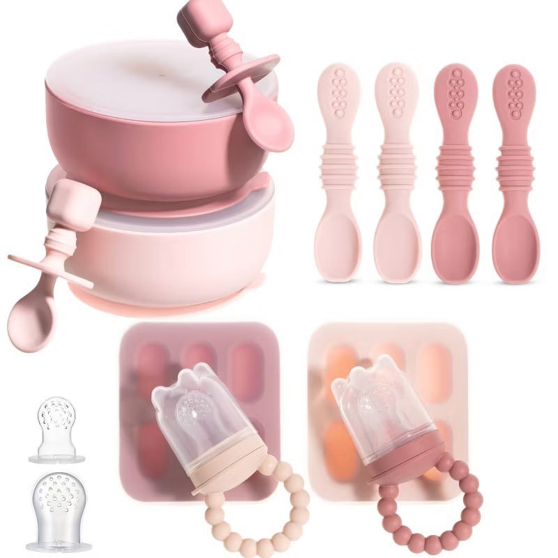 Silicone Baby Feeding Set, Baby Suction Bowls with Lids, 4-Pack Led Weaning Feeding Spoon , and Silicone Baby Fruit Feeders, Freezer & Dishwasher Safe