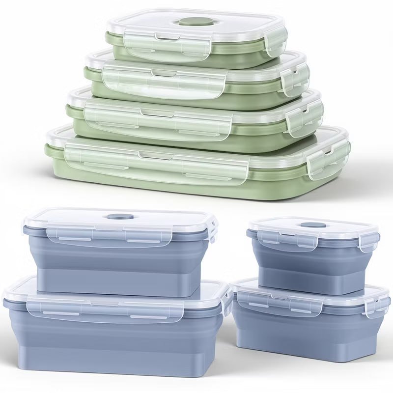 Collapsible Silicone Food Storage Containers with Lids, 8-Pack, Microwave Dishwasher Freezer Safe, Leak-Proof