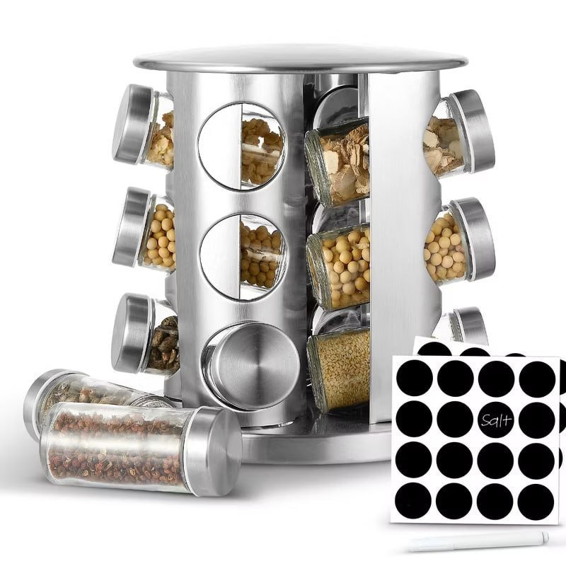 Cheer Collection Stainless Steel Countertop Revolving Organizer with 12 Spice Jars