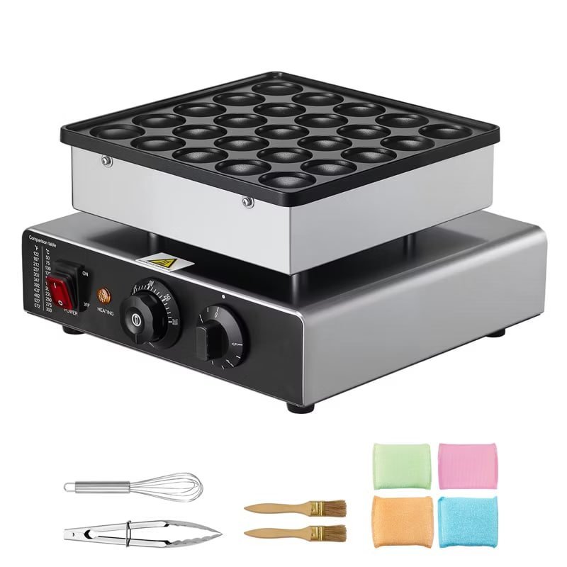VEVOR Mini Pancake Maker, 25PCS 43mm Diameter Dutch Muffin Waffle Baker, Non-stick Stainless Steel Poffertjes Grill, Silver&Black
