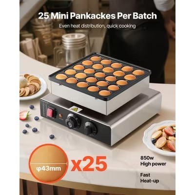 VEVOR Mini Pancake Maker, 25PCS 43mm Diameter Dutch Muffin Waffle Baker, Non-stick Stainless Steel Poffertjes Grill, Silver&Black