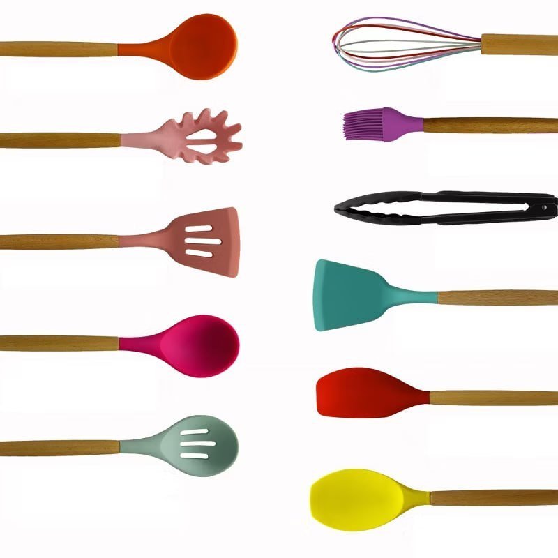 Cheer Collection Vibrant Silicone Kitchen Utensil Set with Durable Wooden Handles (12-Piece)