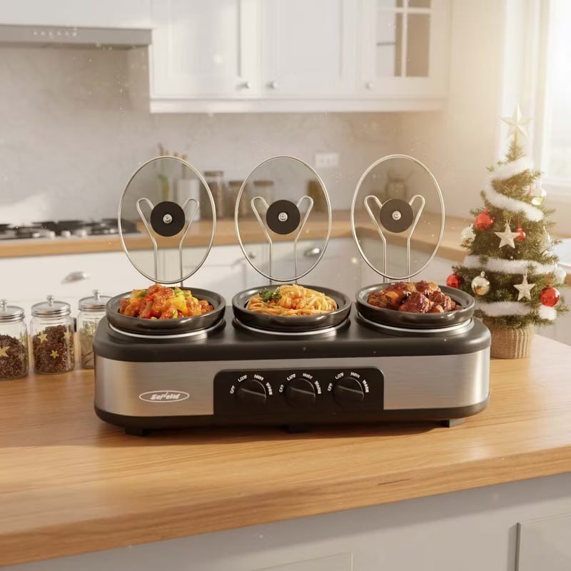 Heynemo Triple Slow Cooker with , 3 Pot 1.5 Quart Oval Crock Food Warmer Buffet Server, Stainless Steel, Silver