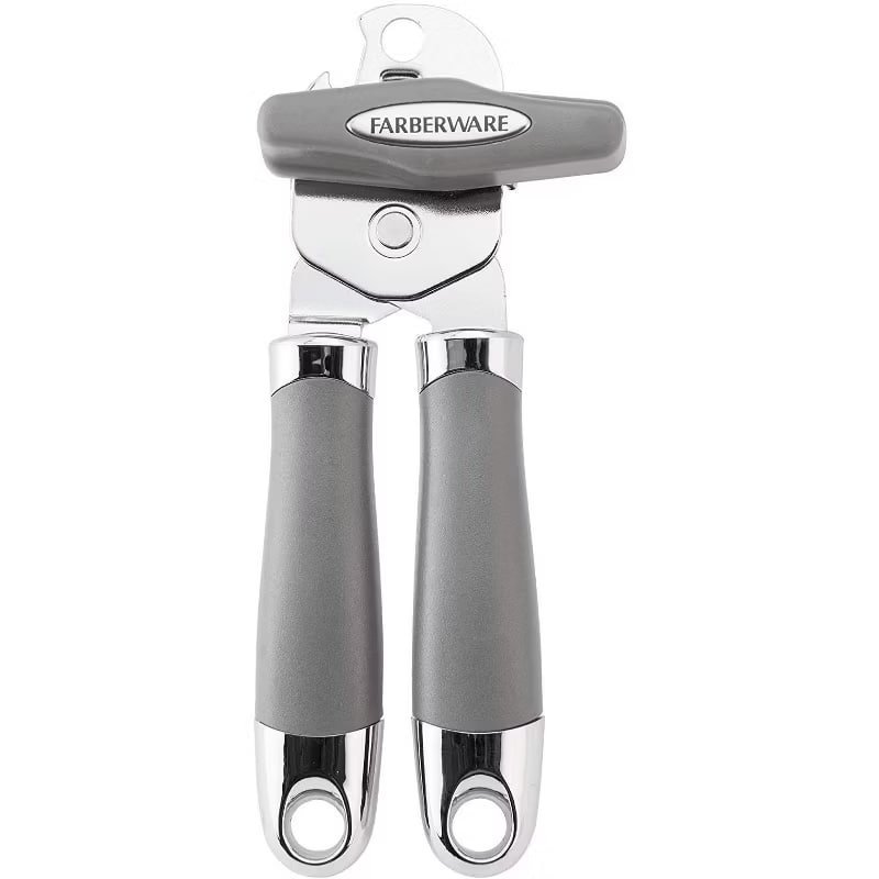 Farberware Professional 2 Stainless Steel Can Opener, Cushioned Ergonomic Handles & Built In Bottle Opener, Gray