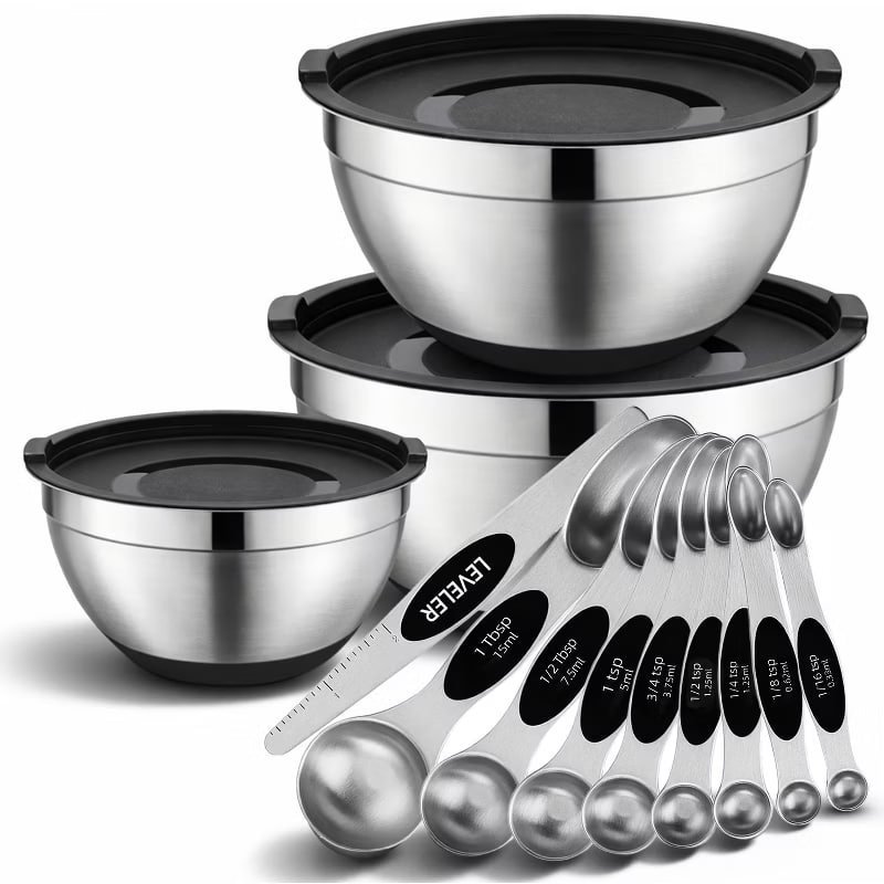 12 Piece Kitchen Mixing & Measuring Set, Stainless Steel Mixing Bowl with Lids and Nesting Magnetic Measuring Spoons for Baking & Cooking