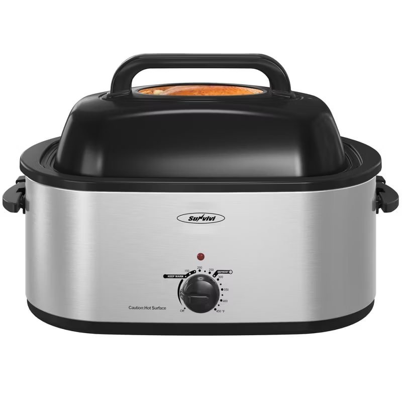 Heynemo 24 Quart Roaster Oven with Self-Basting Lid, Electric Turkey Roaster Oven with Removable Pan, Stainless Steel, Sliver