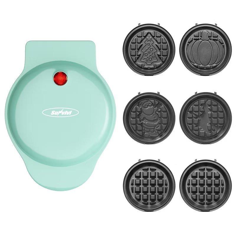 Heynemo 4" Mini Waffle Maker: 6 in 1 Waffle Iron with 6PC Nonstick Removable Plates Set (Santa Claus, Christmas Tree, Witch & Pumpkin), Light Blue