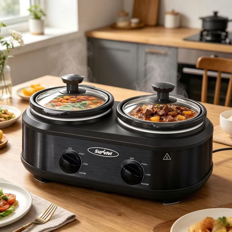 Heynemo Double Slow Cooker, 2 Pot Buffet Servers and Warmer with Adjustable Temp, Removable Ceramic Pot, Stainless Steel, Total 2.5 Quarts, Red