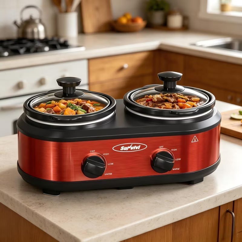 Heynemo Double Slow Cooker, 2 Pot Buffet Servers and Warmer with Adjustable Temp, Removable Ceramic Pot, Stainless Steel, Total 2.5 Quarts, Red