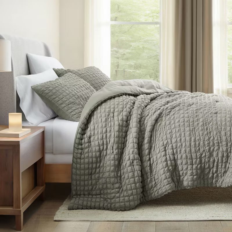 Seersucker Textured Comforter Set, All-Season Down Alternative  Ultra Soft & Lightweight  3PC - Becky Cameron, Light Blue, Full/Queen