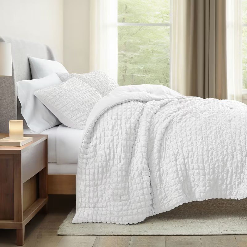 Seersucker Textured Comforter Set, All-Season Down Alternative  Ultra Soft & Lightweight  3PC - Becky Cameron, Light Blue, Full/Queen
