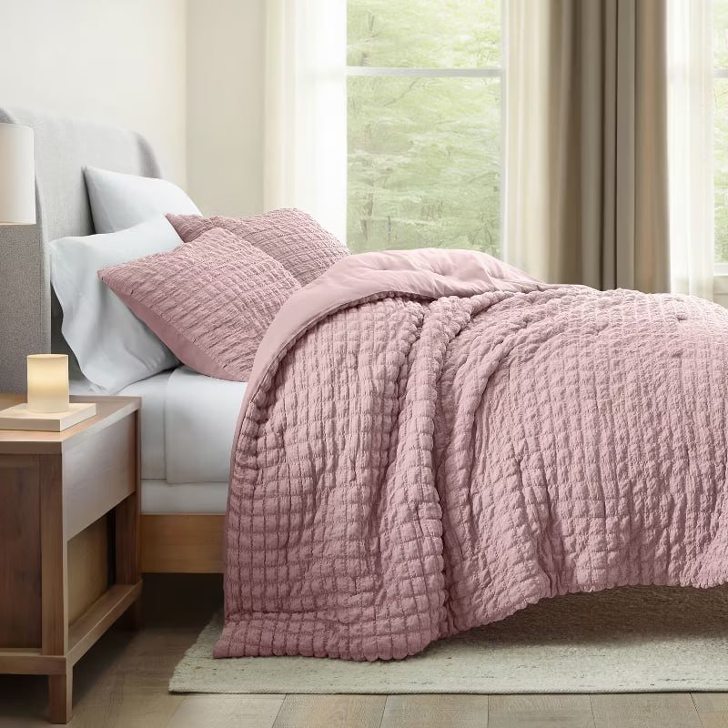 Seersucker Textured Comforter Set, All-Season Down Alternative  Ultra Soft & Lightweight  3PC - Becky Cameron, Light Blue, Full/Queen