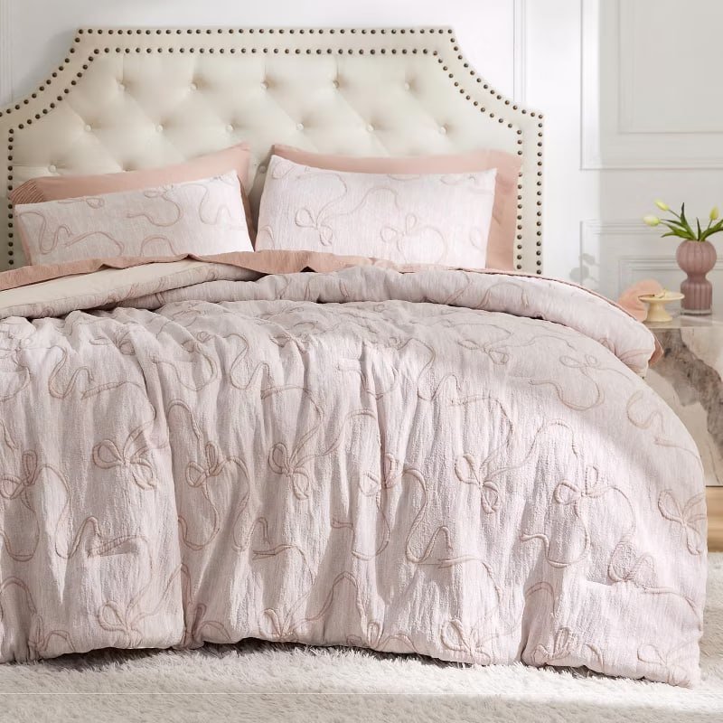 Bedsure King Size Comforter Set, Pink Boho Tufted Bed Set, 3D Puffy Jacquard Bedding King Size, 3 Pieces, 1 Farmhouse Shabby Chic Embroidery Comforter