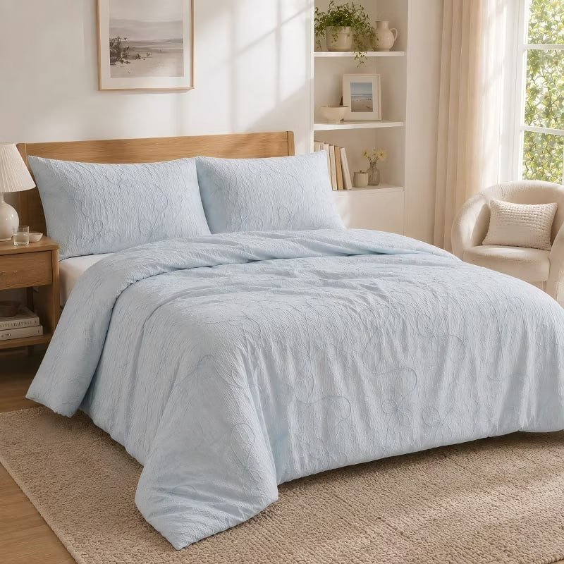 Bedsure King Size Comforter Set, Dusty Blue Boho Tufted Bed Set, 3D Puffy Jacquard Bedding King Size, 3 Pieces, 1 Farmhouse Shabby Chic Embroidery Com