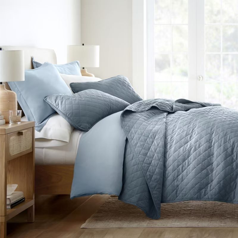 Stripes Floral and Diamonds Quilted Coverlet Set With Shams - Becky Cameron, Stripe Stitch / Latte, Full/Queen
