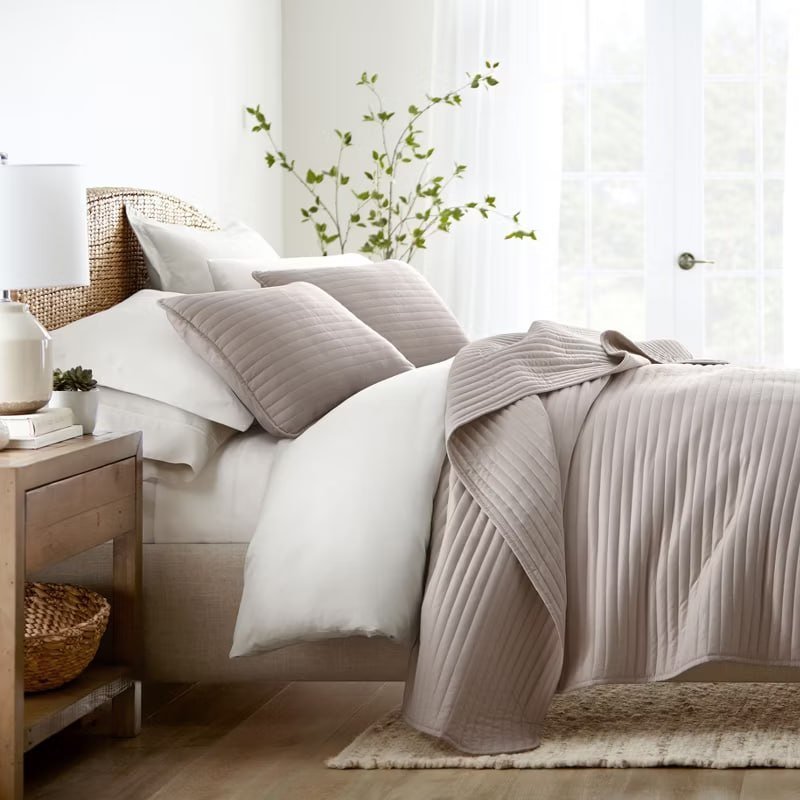 Stripes Floral and Diamonds Quilted Coverlet Set With Shams - Becky Cameron, Stripe Stitch / Latte, Full/Queen