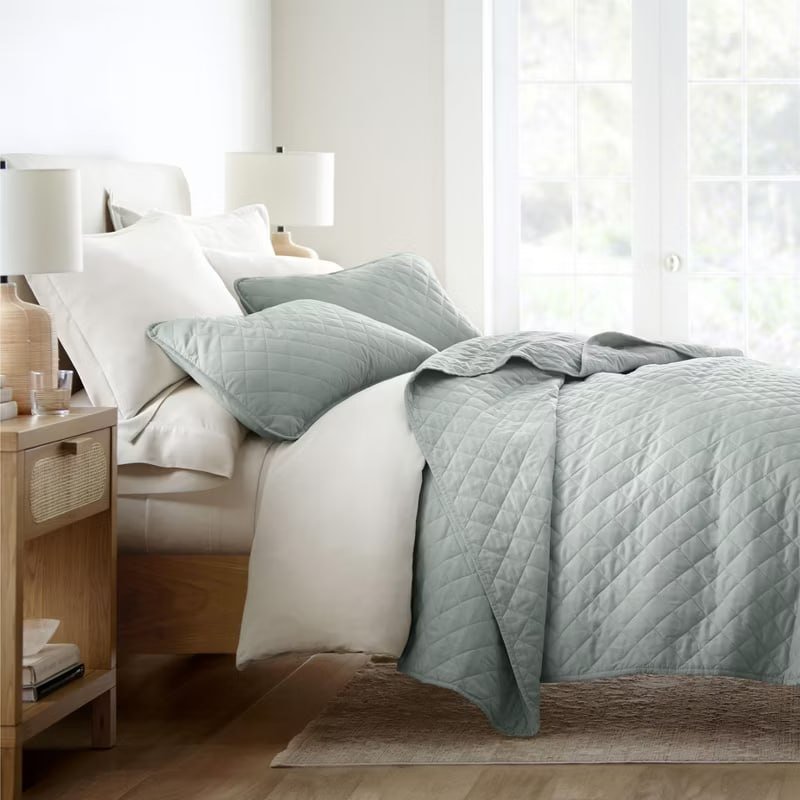 Stripes Floral and Diamonds Quilted Coverlet Set With Shams - Becky Cameron, Floral Stitch / Latte, King/California King