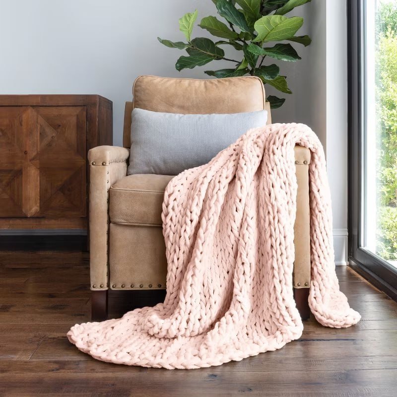 Chunky Knit Throw Blanket Braided, Soft & Cozy - Becky Cameron, Stone, Throw