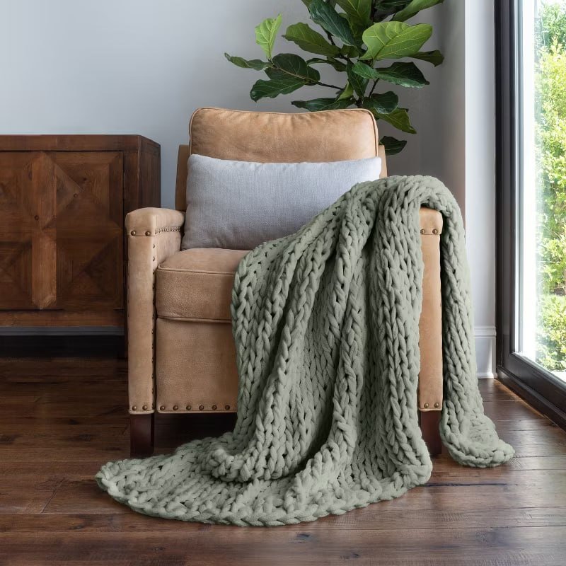 Chunky Knit Throw Blanket Braided, Soft & Cozy - Becky Cameron, Stone, Throw