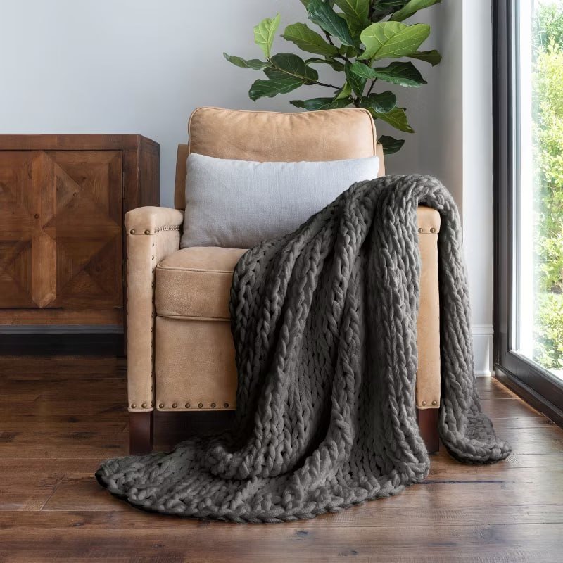 Chunky Knit Throw Blanket Braided, Soft & Cozy - Becky Cameron, Stone, Throw
