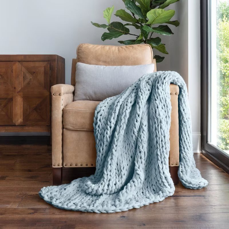 Chunky Knit Throw Blanket Braided, Soft & Cozy - Becky Cameron, Stone, Throw