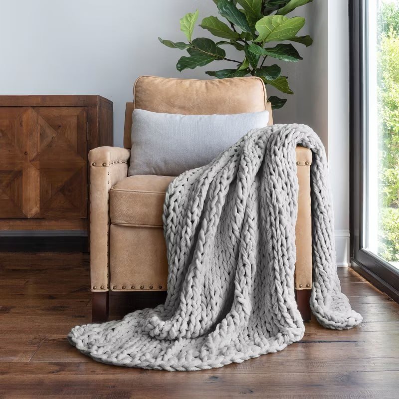 Chunky Knit Throw Blanket Braided, Soft & Cozy - Becky Cameron, Stone, Throw
