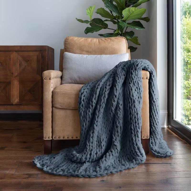 Chunky Knit Throw Blanket Braided, Soft & Cozy - Becky Cameron, Stone, Throw