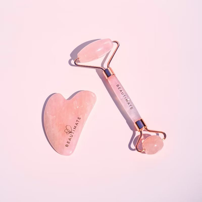 Beautimate Rose Quartz Jade Roller and Gua Sha Set – Natural Facial Massage Tools for Skin Firming, Circulation, and Lymphatic Drainage