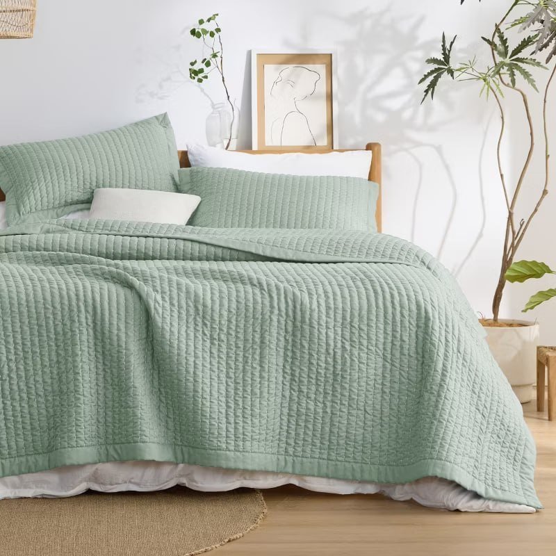 Bedsure Rice Grain Quilt Set King - Super Soft Microfiber Bedspread with 2 Pillow Shams, Iceberg Green king size