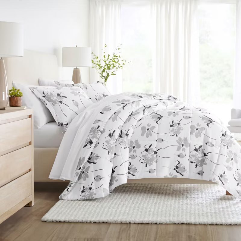 Floral Reversible Ultra Soft Comforter Sets, Down Alternative - Becky Cameron, Magnolia Grey / Light Gray, Full/Queen