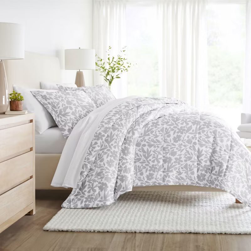 Floral Reversible Ultra Soft Comforter Sets, Down Alternative - Becky Cameron, Magnolia Grey / Light Gray, King/California King