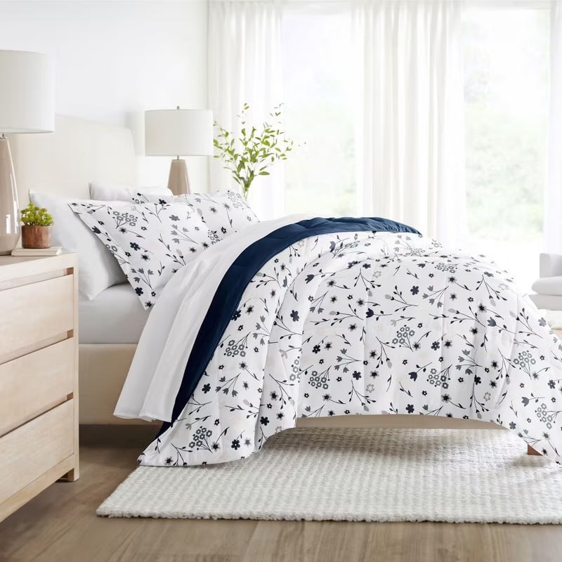 Floral Reversible Ultra Soft Comforter Sets, Down Alternative - Becky Cameron, Magnolia Grey / Light Gray, King/California King