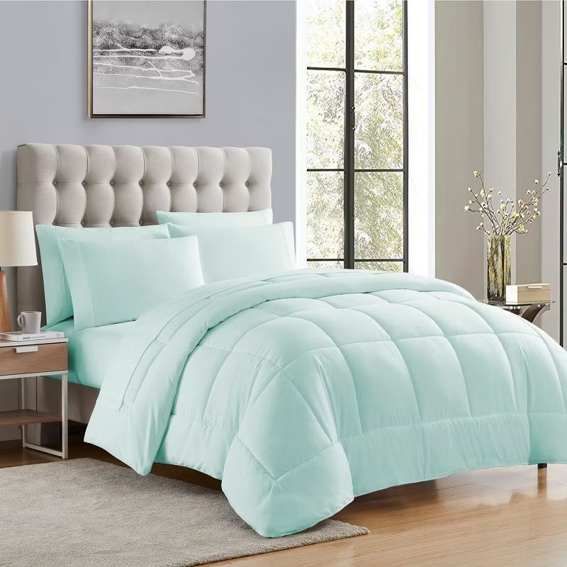 7 Piece Bed in a Bag Solid Color Comforter & Sheet Set Soft All Season Bedding, King, Misty Blue