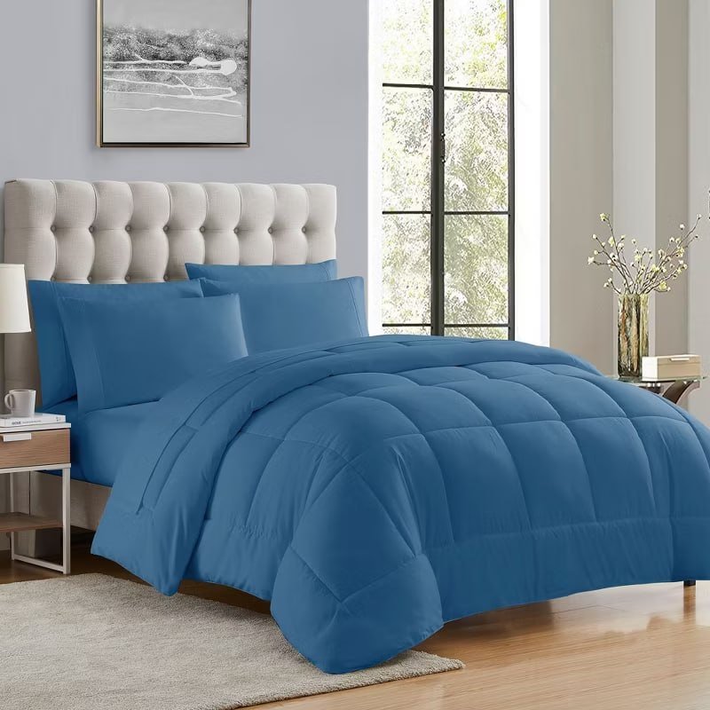 7 Piece Bed in a Bag Solid Color Comforter & Sheet Set Soft All Season Bedding, King, Misty Blue