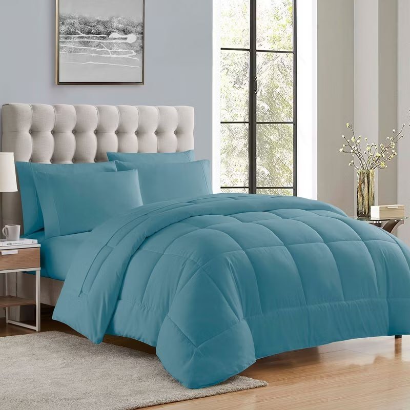 7 Piece Bed in a Bag Solid Color Comforter & Sheet Set Soft All Season Bedding, King, Misty Blue