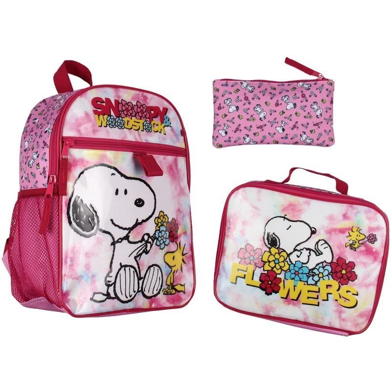 Peanuts Backpack Snoopy and Woodstock Flowers Character 3-Piece Lunchbox Pencil Case School Travel Tote Book Bag
