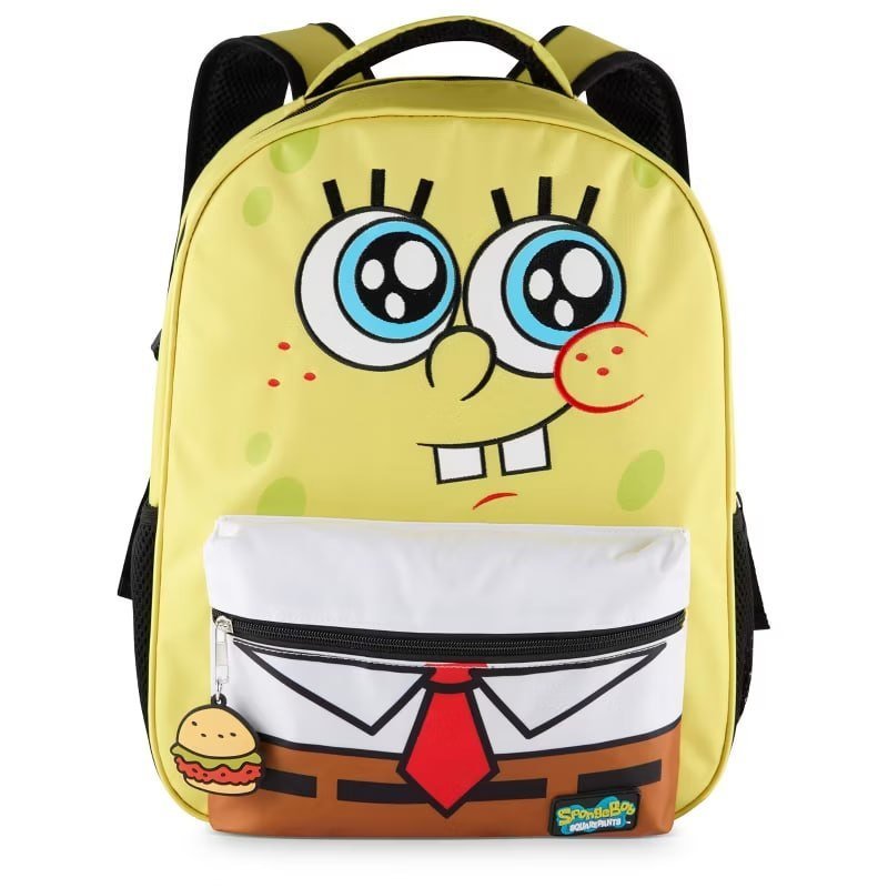 SpongeBob Square Pants Backpack for Boys & Girls, 16” Big Face Nylon Twill Bookbag w/Molded Hamburger Patty Dangle, Yellow