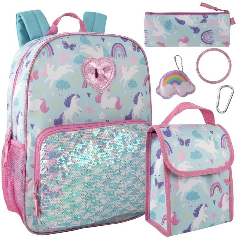 Trail maker 16.5 Inch Girls School Backpack 6 in 1 Set (Unicorns & Sequins) for Travel, Commute