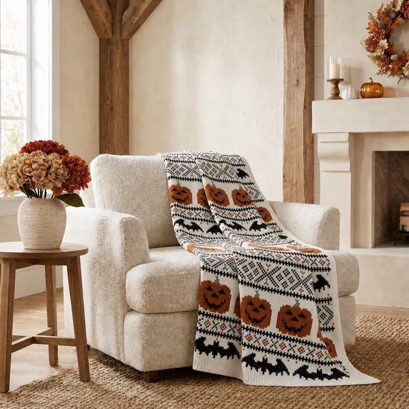 My Texas House Halloween Pumpkins and Bats Cotton Knit Throw, Multicolor, 50" x 60"