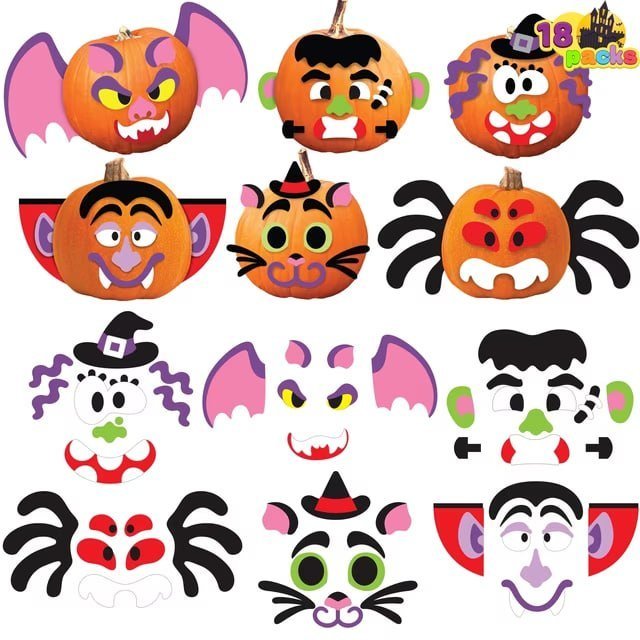 Joyfy 18 Faces Halloween Pumpkin Decorations Kit for Kids, 6 Designs Foam Pumpkin Face Stickers Halloween Party Supplies Halloween Favors Pumpkin Painting Kit