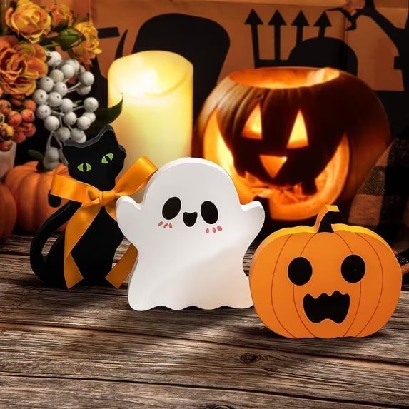 Halloween Decorations Indoor Halloween Tiered Tray Decorations Cute Ghost Wooden Decor Halloween Tabletop Decorations Pumpkin Blocks Signs for Home Decoration Set of 3